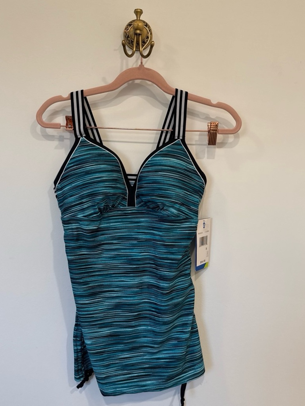 Free Country Teal Striped Tankini Top Swimsuit with Black Trim